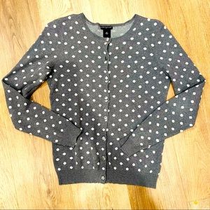 Ann Taylor Button Up Cardigan Gray with White Dots.